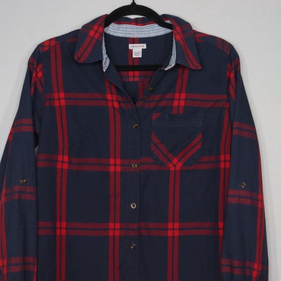 Carhartt Button Up Shirt Red Blue Plaid Womens Small 4-6 Long Sleeve Casual - Picture 2 of 7